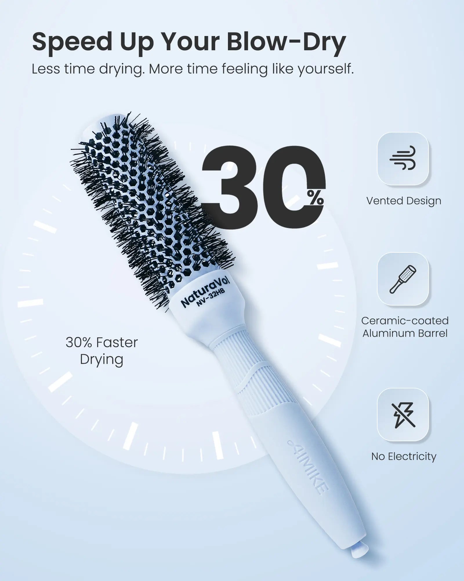 AIMIKE Naturavol round Brush for Blow Out, Nano Thermal Ceramic round Hair Brush for Fine Hair, Fast Blow Dry for Smooth Salon-Style Finish at Home, Adds Volume,Blue (1.3" Barrel, 2.1" with Bristles)
