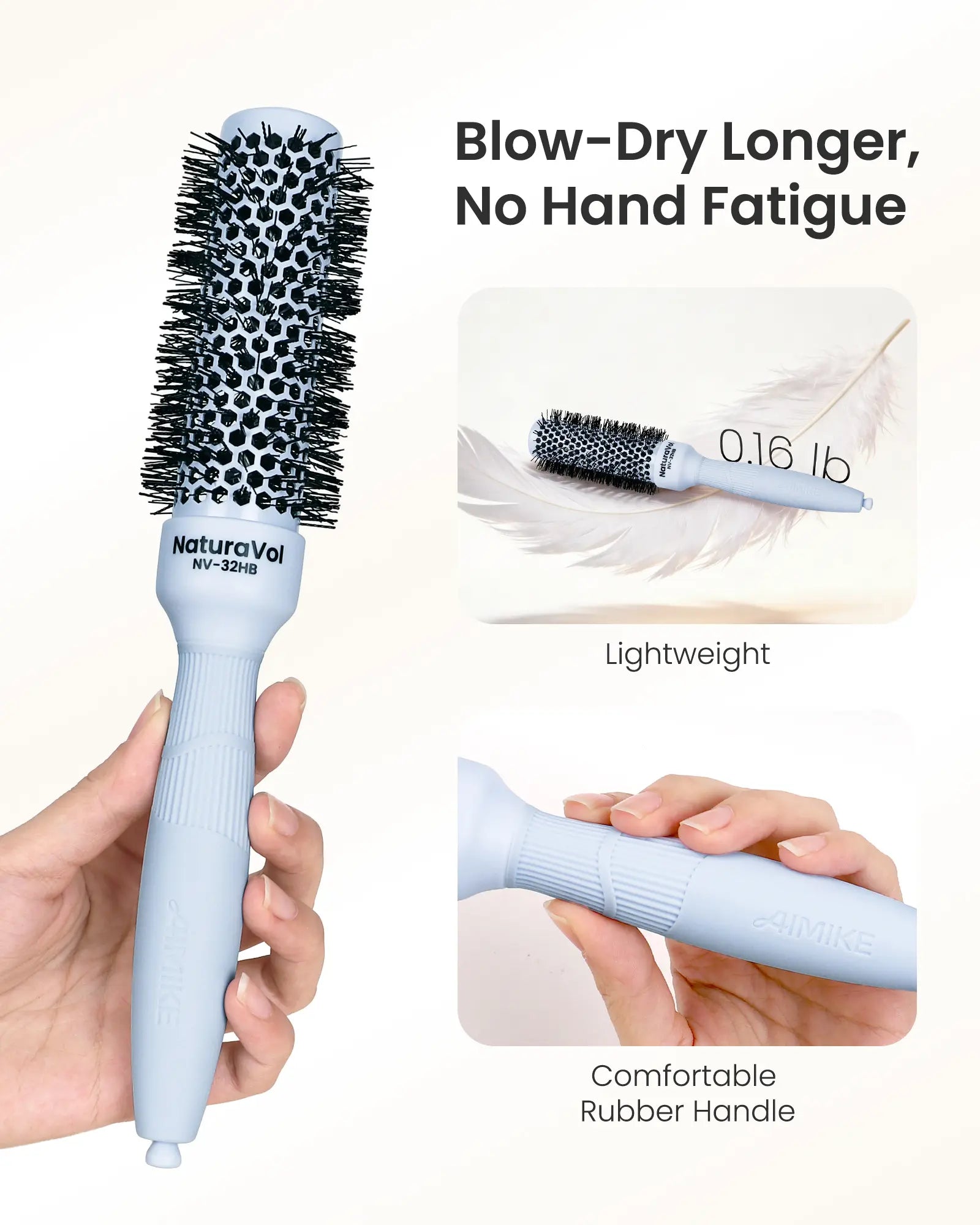 AIMIKE Naturavol round Brush for Blow Out, Nano Thermal Ceramic round Hair Brush for Fine Hair, Fast Blow Dry for Smooth Salon-Style Finish at Home, Adds Volume,Blue (1.3" Barrel, 2.1" with Bristles)